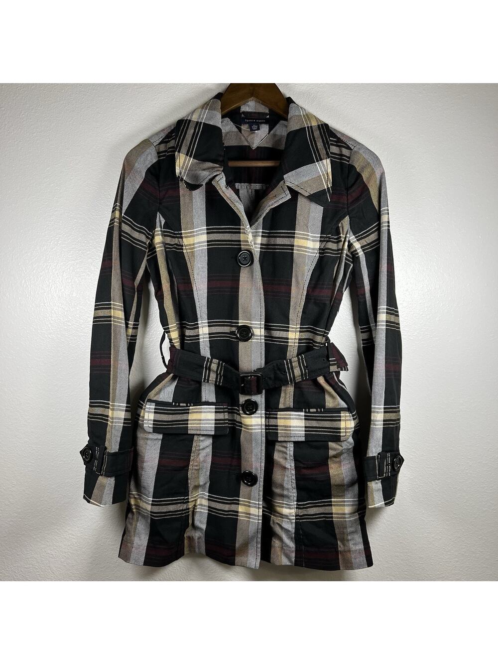 Tommy Hilfiger Flannel Plaid Belted Button-Down Cozy Plaid Jacket Trench Coat XS